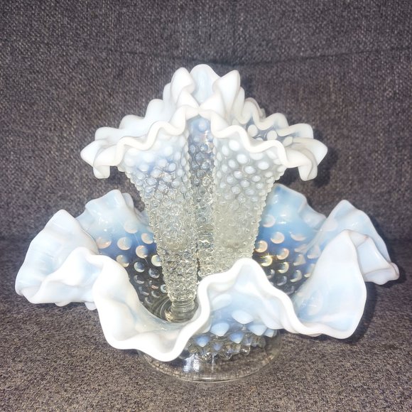 Fenton Glass Co Accents Fenton White Opalescent Epergne Hobnail